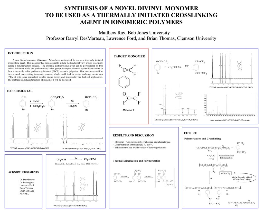 Ray_Matthew_SYNTHESIS_OF_A_NOVEL_DIVINYL_MONOMER_TO_BE_USED_AS_A_THERMALLY_INITIATED_CROSSLINKING_AGENT_IN_IONOMERIC_POLYMERS_Clemson_SURP_2000