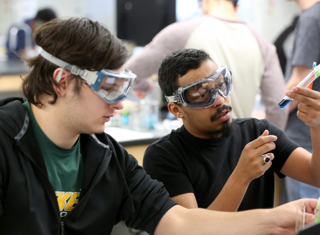 Students work in the lab during Associate Professor Matthew Ray's Chemistry of Materials class An engineering student works on mathematics coursework in Jarvis Hall Thursday, September 28, 2017. Pictured are students examining the products of a crystallization lab where they studied nucleation and growth of single crystalline materials and polycrystalline materials using saturated aqueous ionic solutions of alum, copper sulfate, magnesium sulfate, and iron ammonium sulfate. (UW-Stout Photo by Brett T. Roseman)